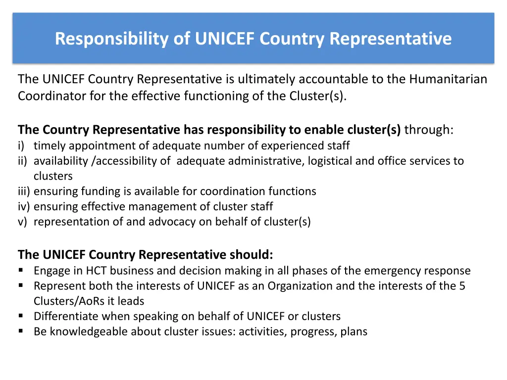 responsibility of unicef country representative