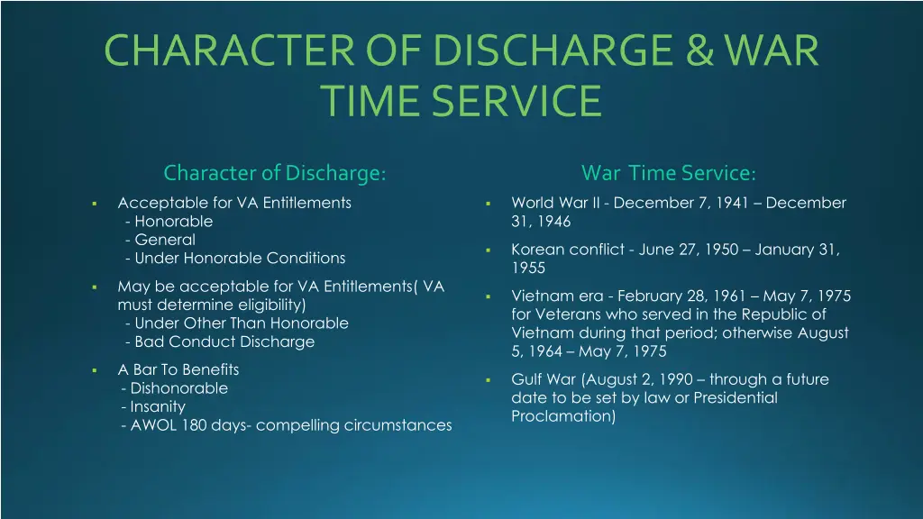 character of discharge war time service