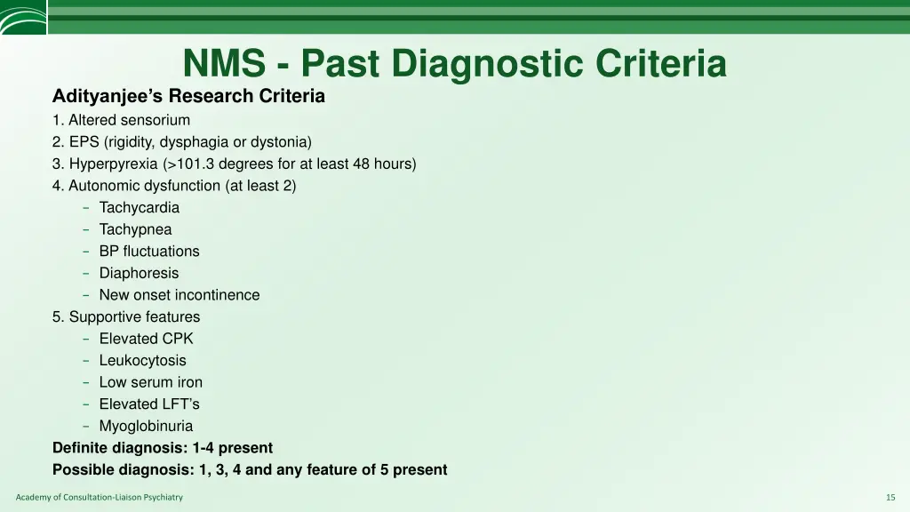 nms past diagnostic criteria adityanjee