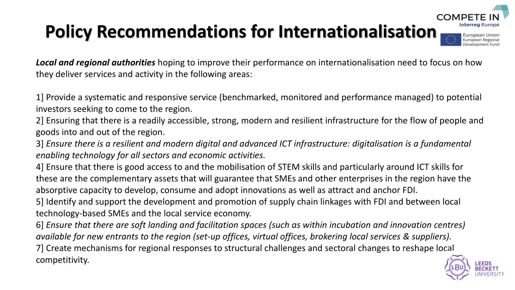 policy recommendations for internationalisation