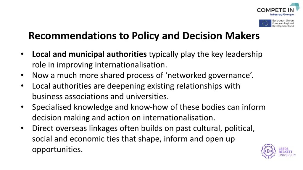 recommendations to policy and decision makers