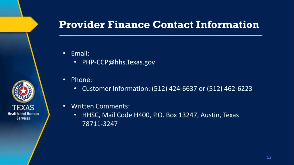 provider finance contact information