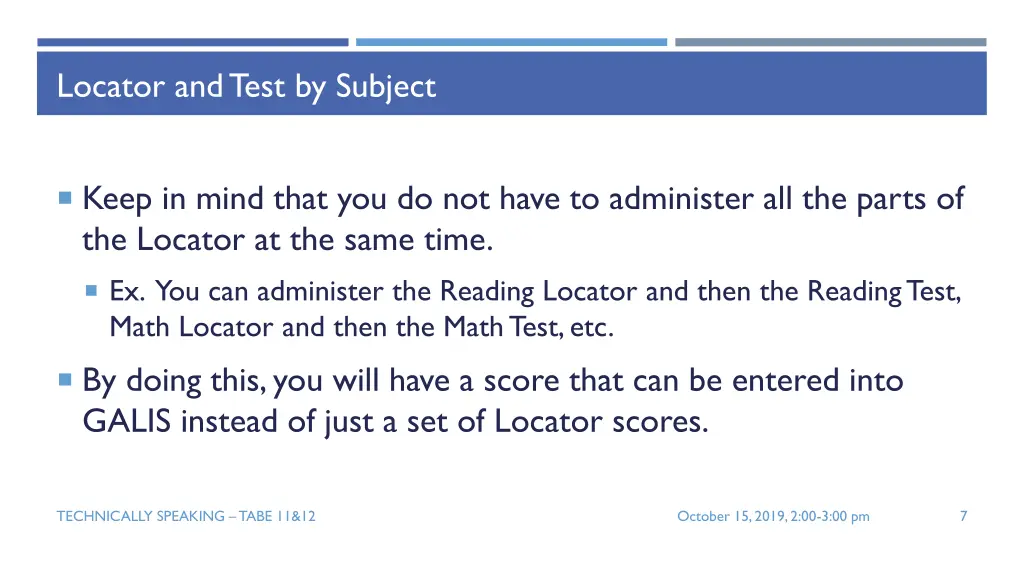 locator and test by subject