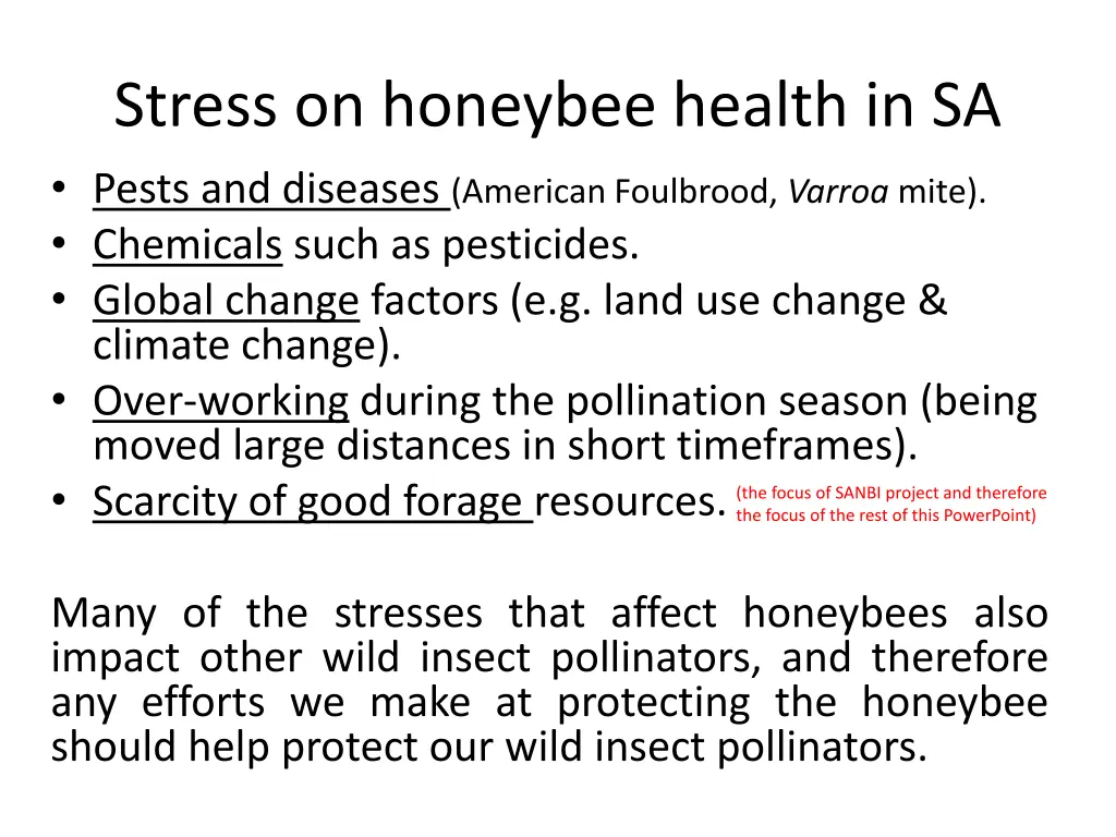 stress on honeybee health in sa pests