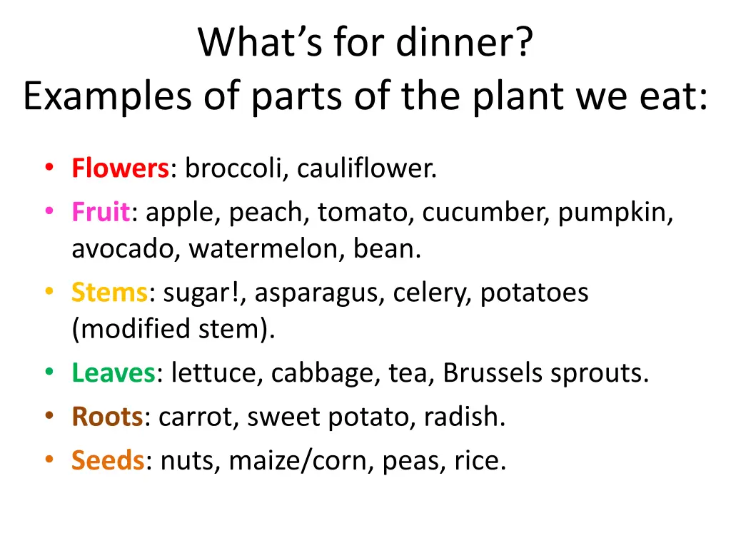 what s for dinner examples of parts of the plant