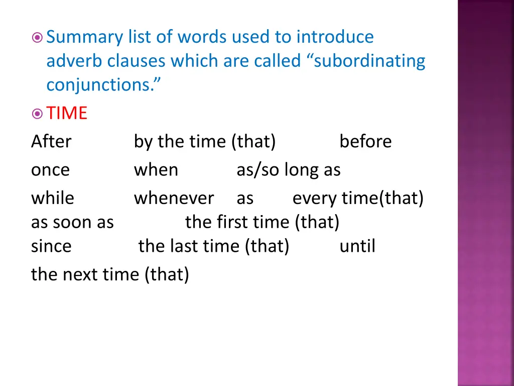 summary list of words used to introduce adverb