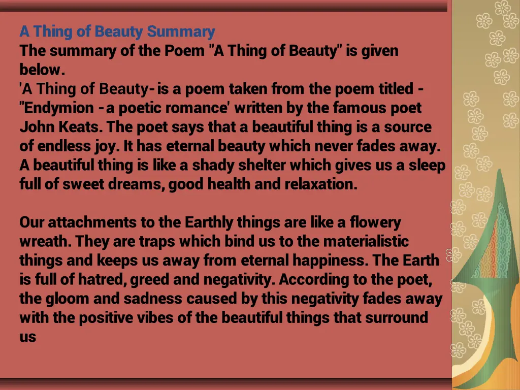 a thing of beauty summary the summary of the poem