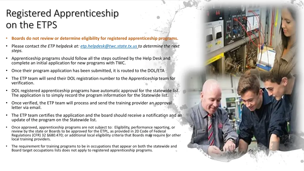 registered apprenticeship on the etps