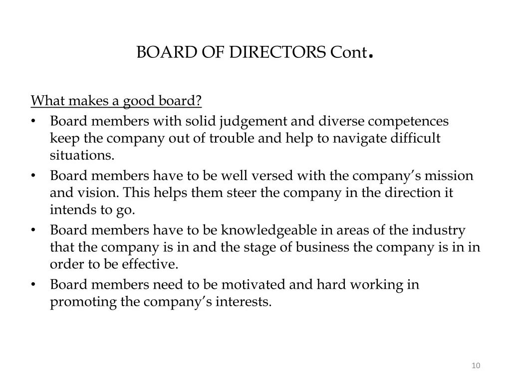 board of directors cont