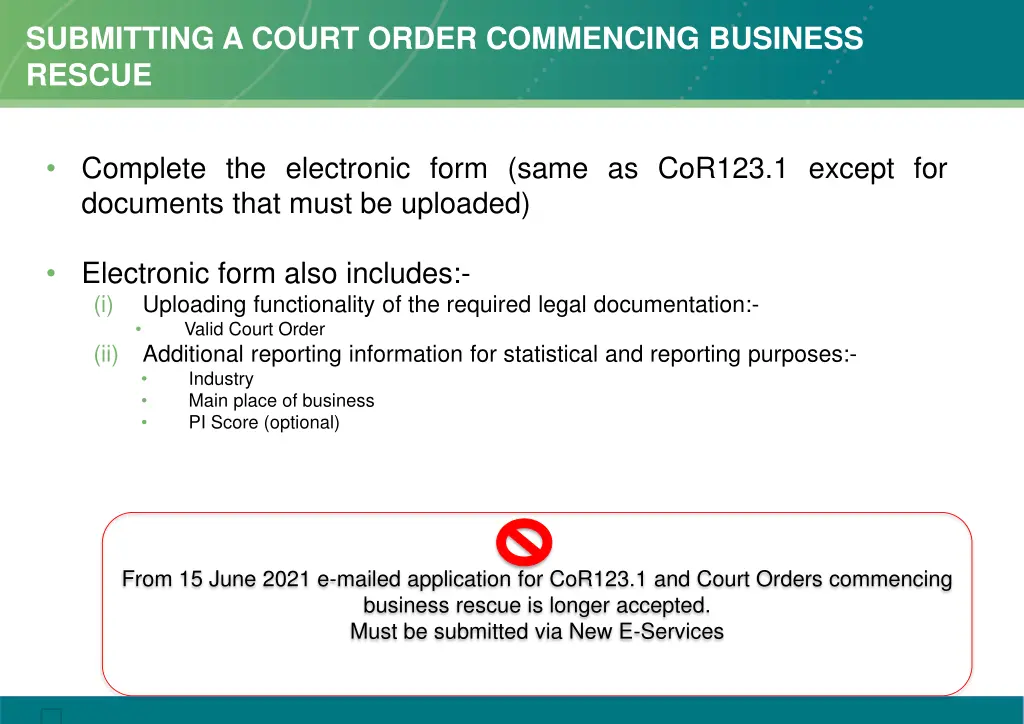 submitting a court order commencing business