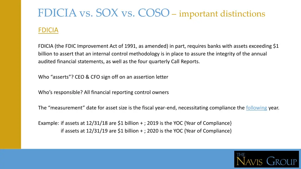 fdicia vs sox vs coso important distinctions