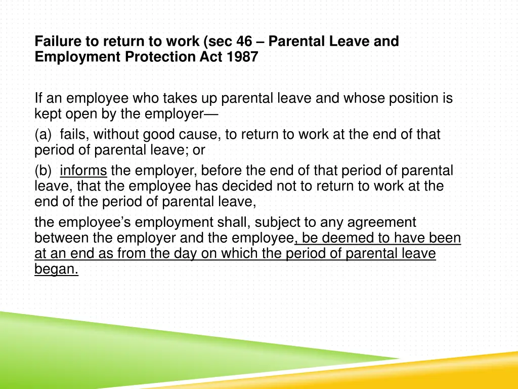 failure to return to work sec 46 parental leave