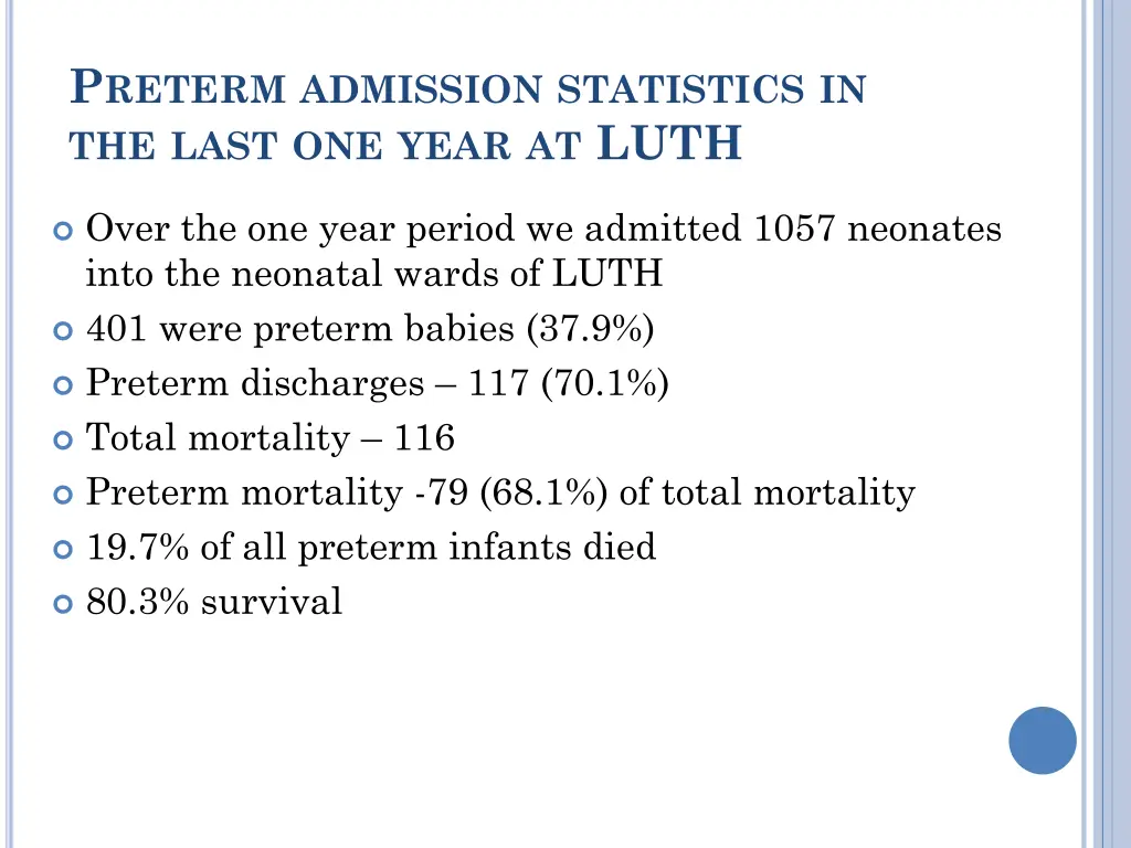 p reterm admission statistics in the last