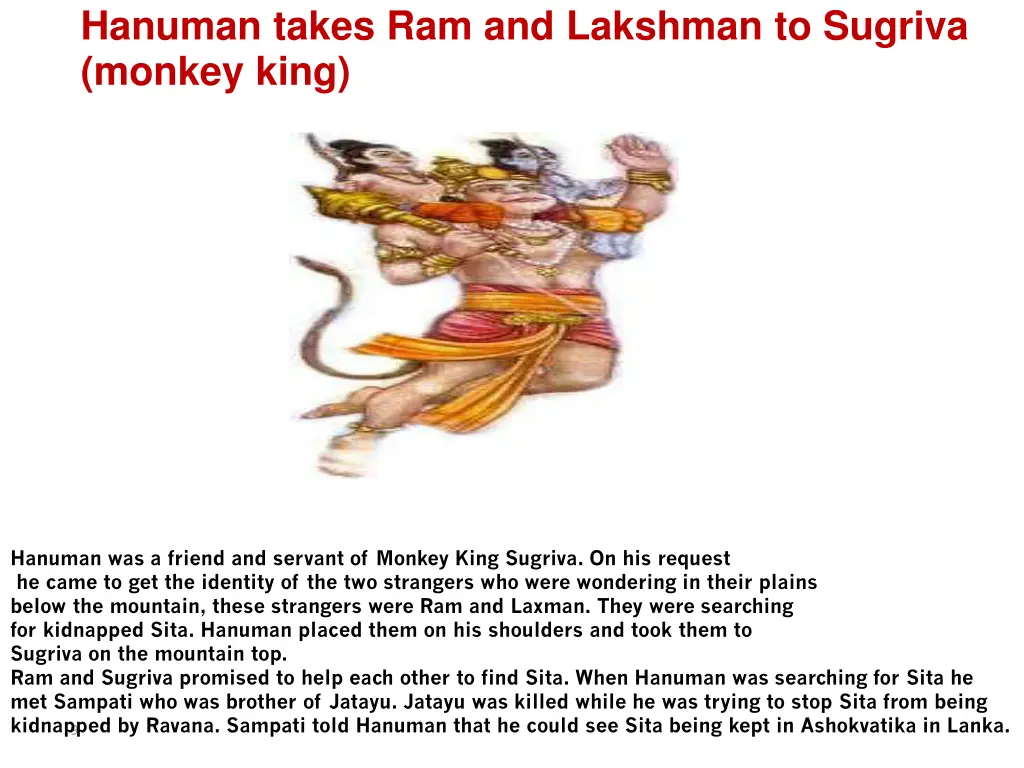 hanuman takes ram and lakshman to sugriva monkey