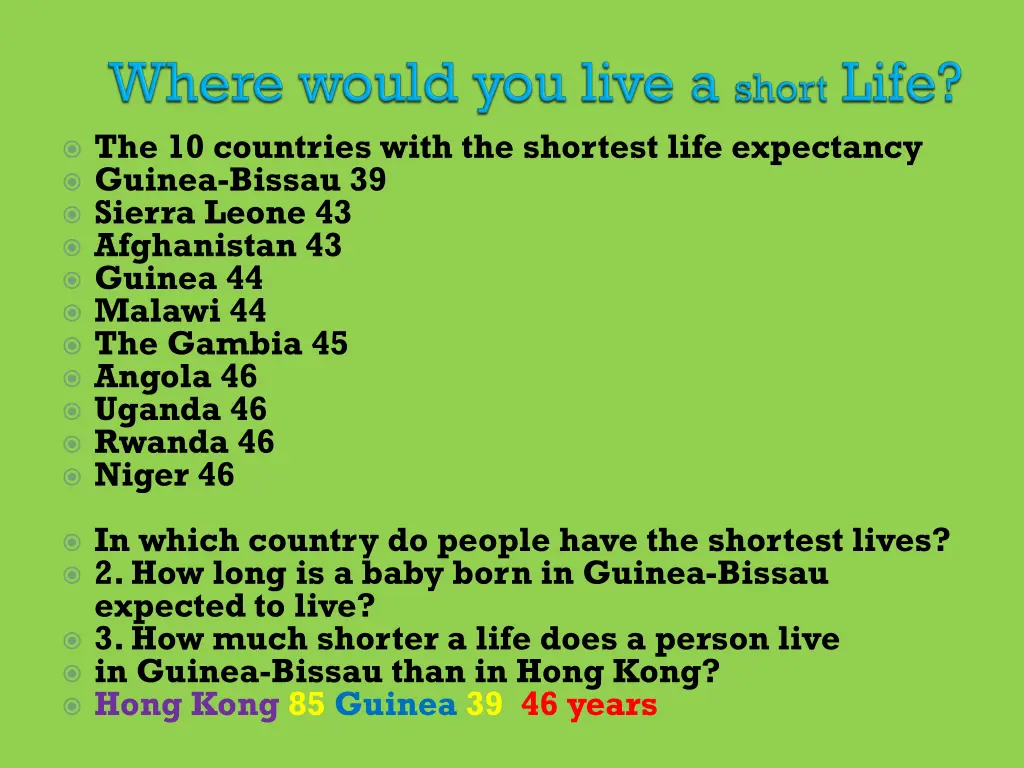 the 10 countries with the shortest life