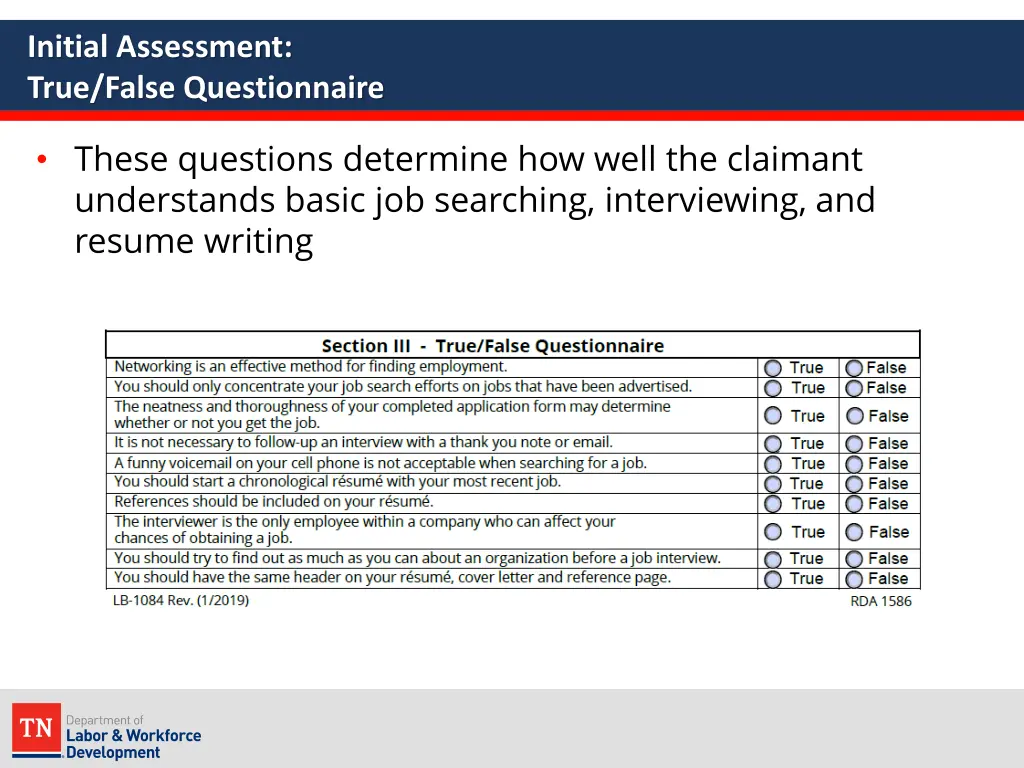 initial assessment true false questionnaire