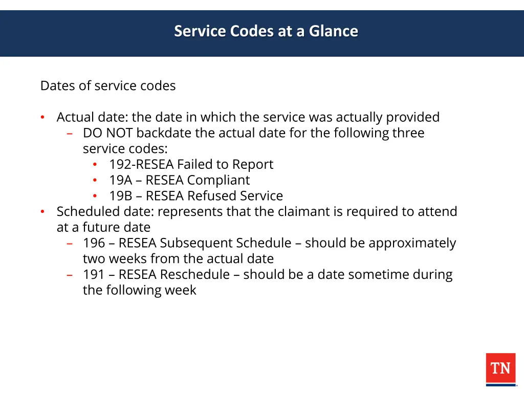 service codes at a glance