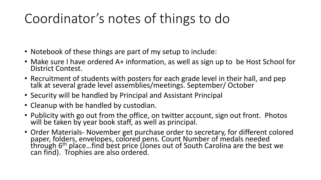 coordinator s notes of things to do