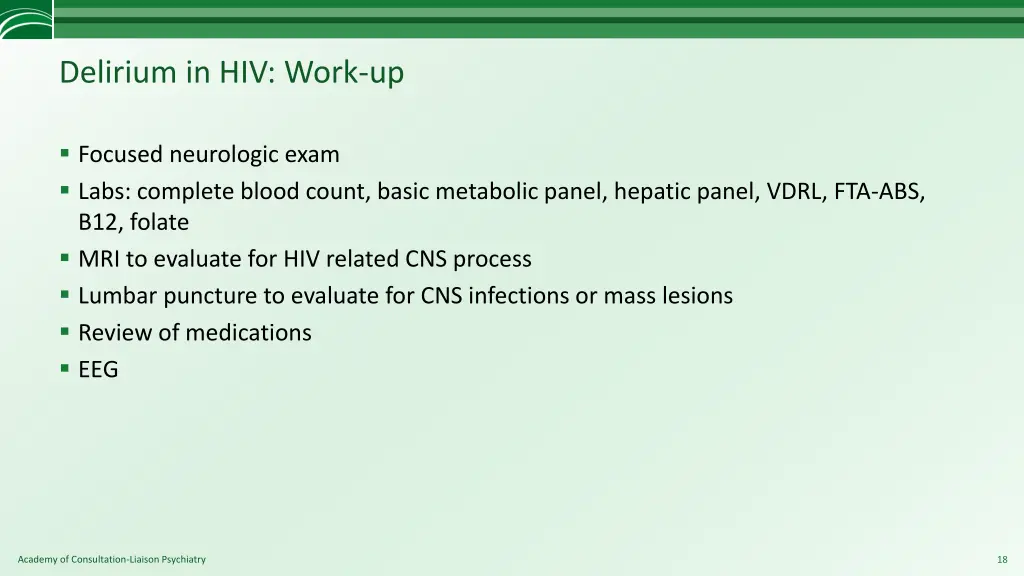 delirium in hiv work up