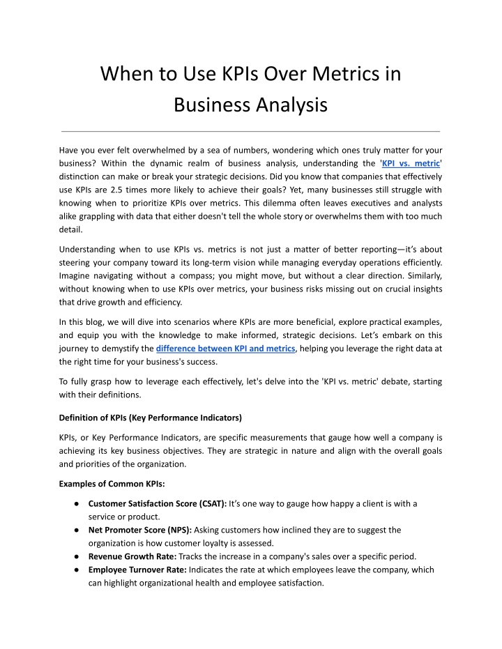 when to use kpis over metrics in business analysis