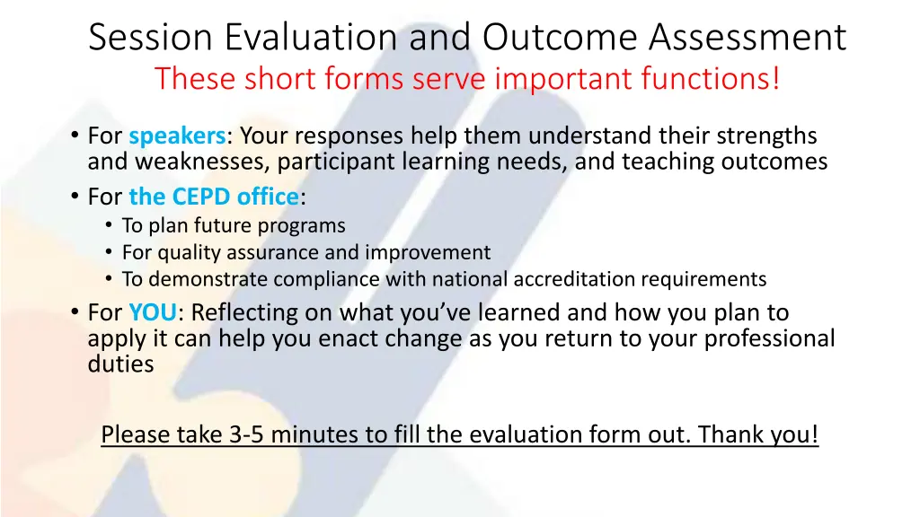 session evaluation and outcome assessment these