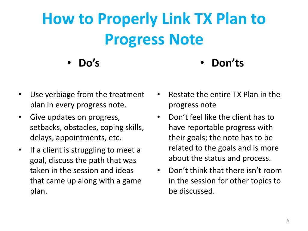 how to properly link tx plan to progress note