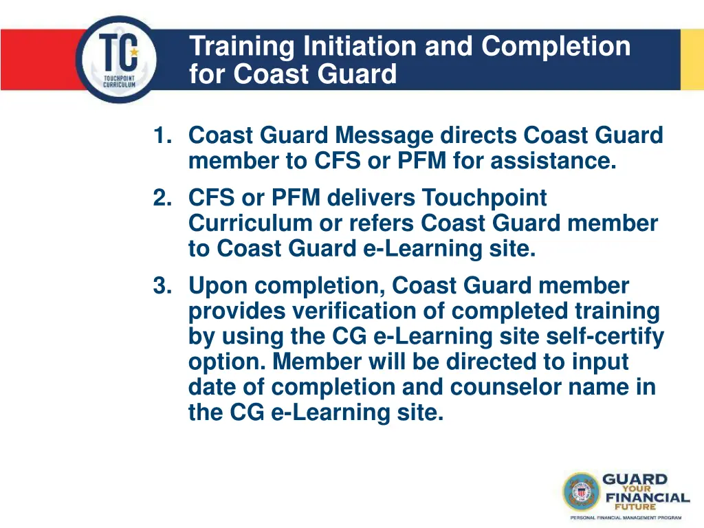 training initiation and completion for coast guard