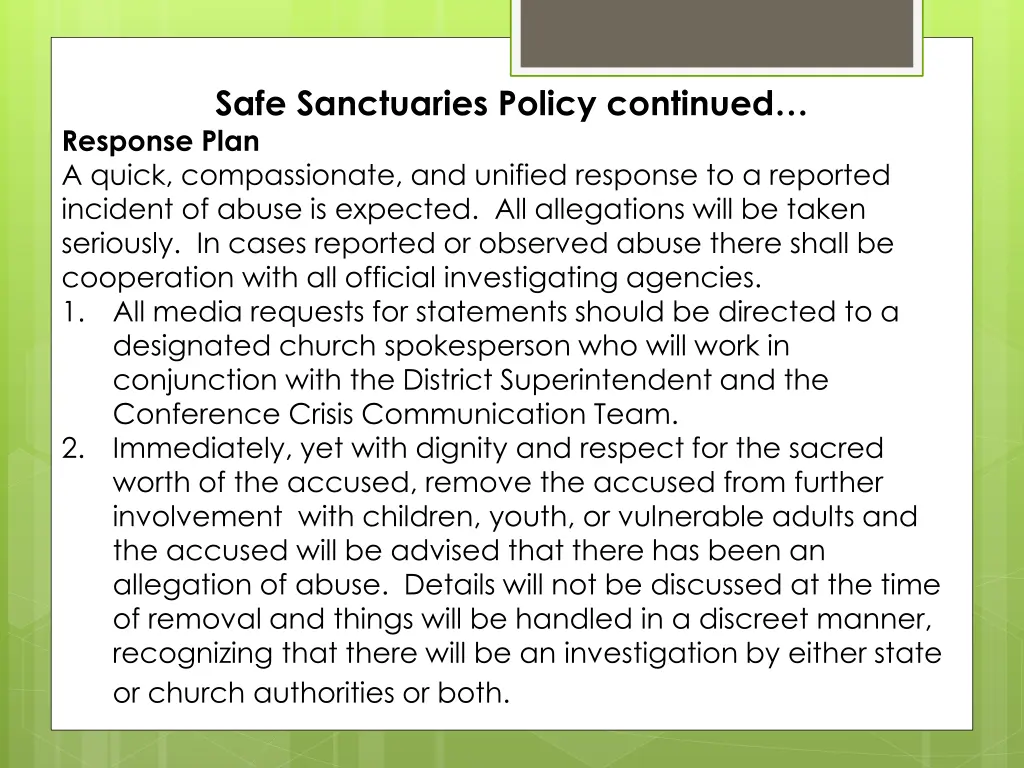 safe sanctuaries policy continued response plan