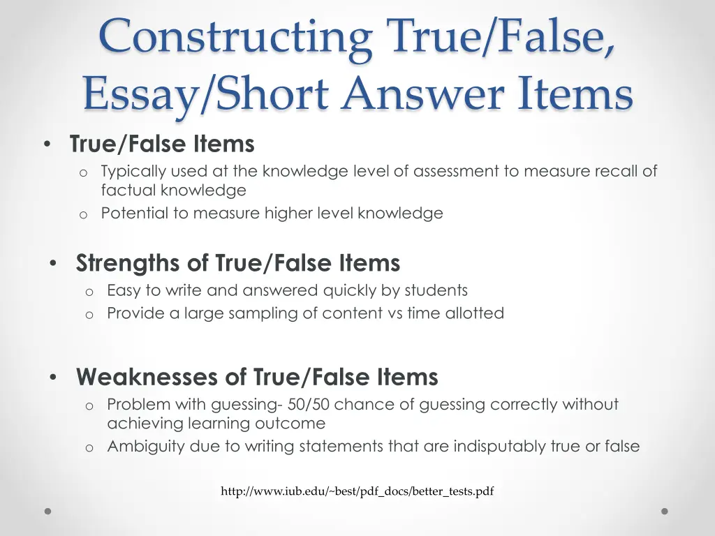 constructing true false essay short answer items