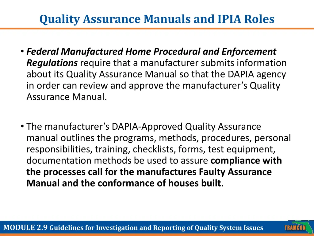 quality assurance manuals and ipia roles