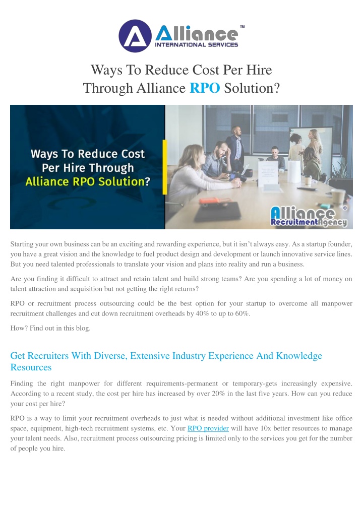 ways to reduce cost per hire through alliance