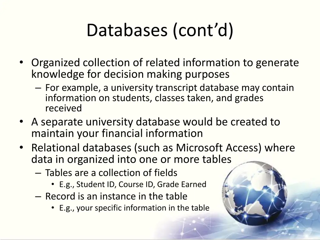 databases cont d