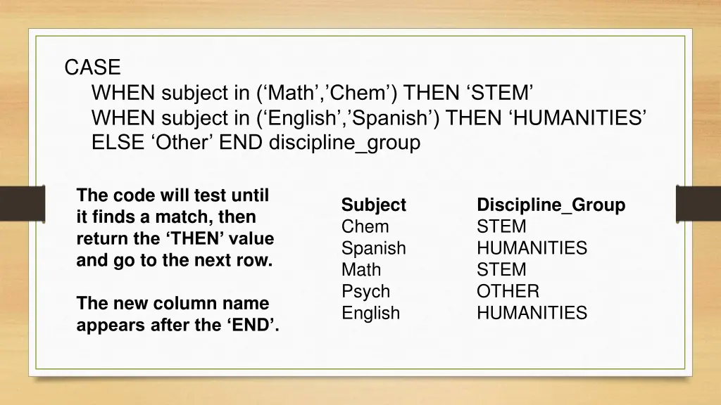 case when subject in math chem then stem when