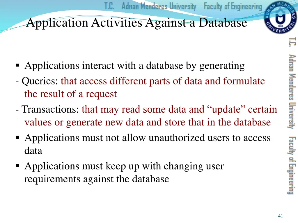 application activities against a database