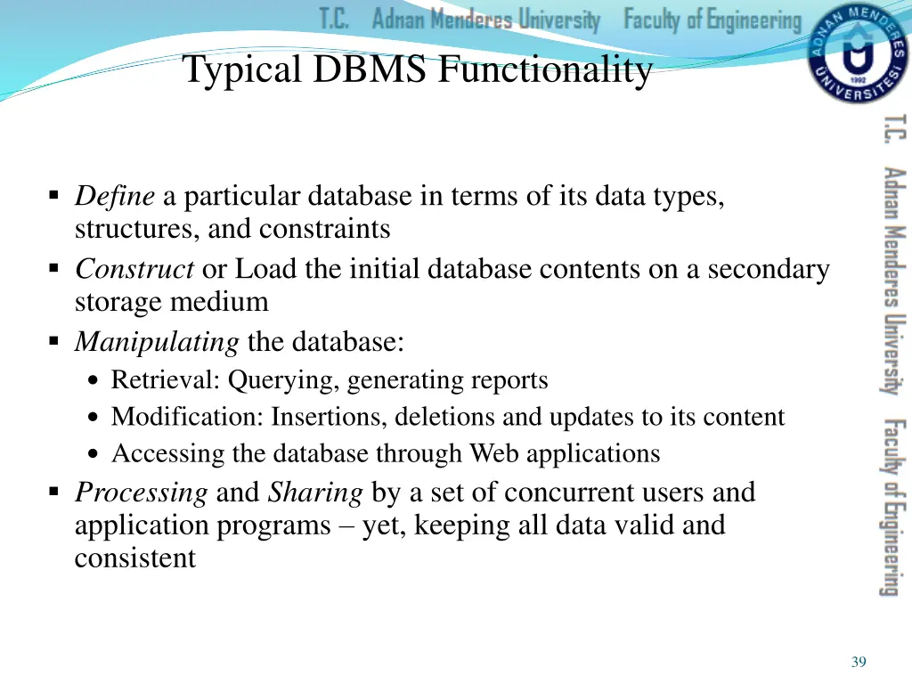 typical dbms functionality