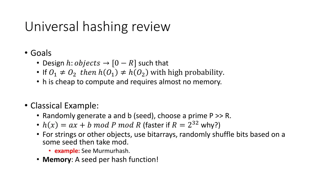 universal hashing review