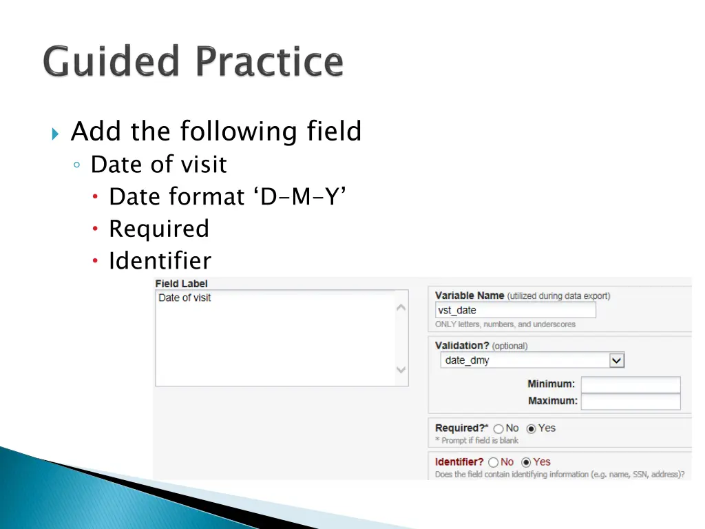 add the following field date of visit date format