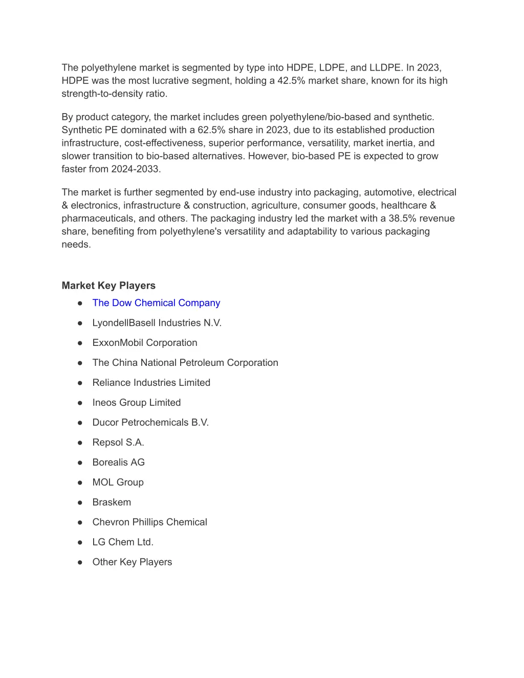 the polyethylene market is segmented by type into