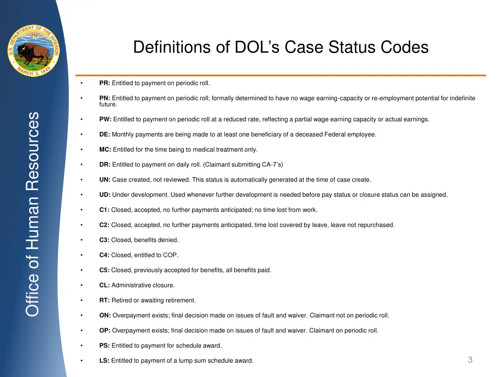 definitions of dol s case status codes