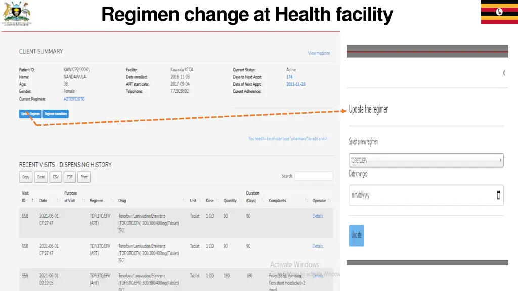 regimen change at health facility