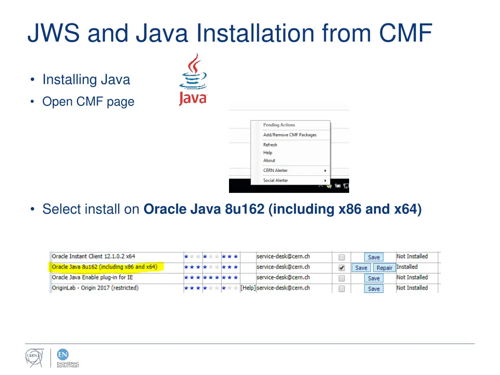 jws and java installation from cmf 1