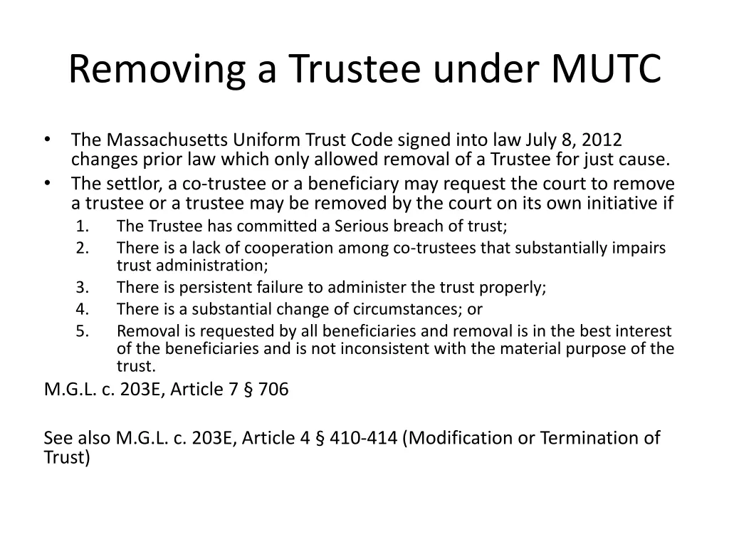 removing a trustee under mutc