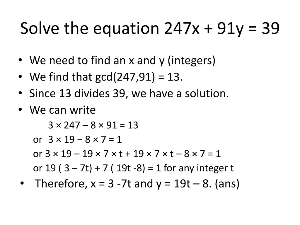 solve the equation 247x 91y 39