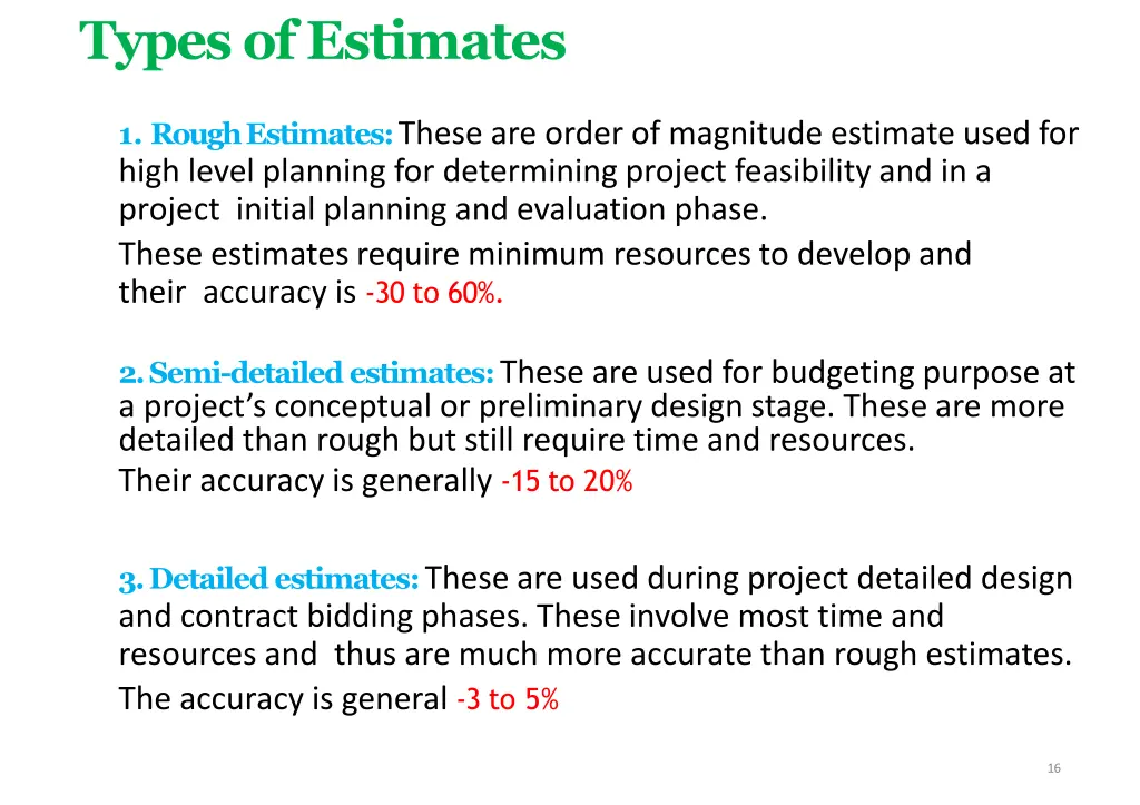 types of estimates