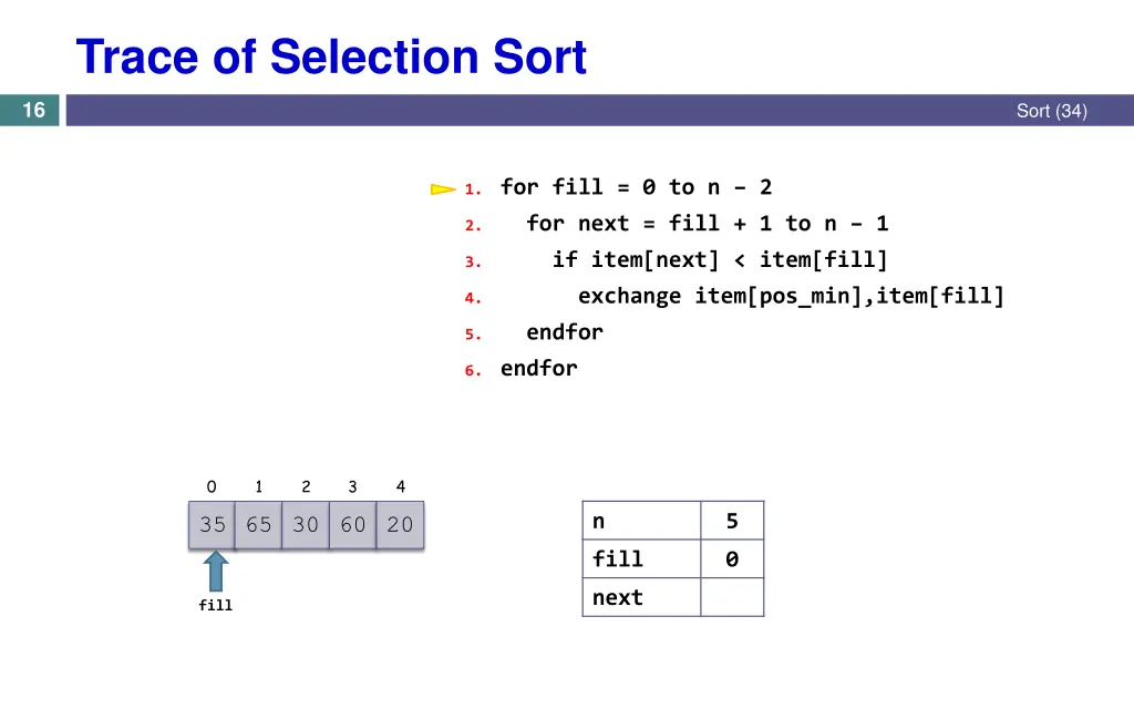 trace of selection sort