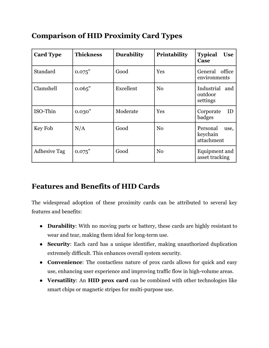 comparison of hid proximity card types