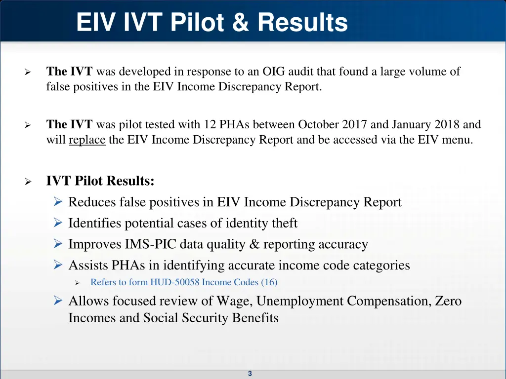 eiv ivt pilot results