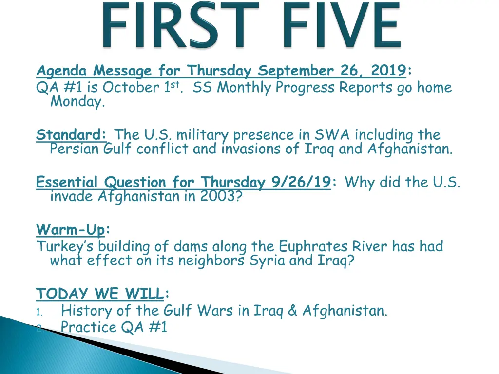 agenda message for thursday september 26 2019