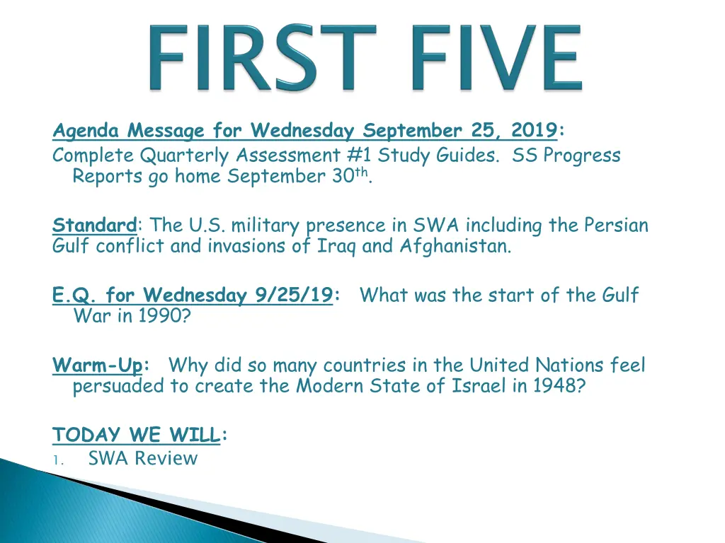 agenda message for wednesday september 25 2019