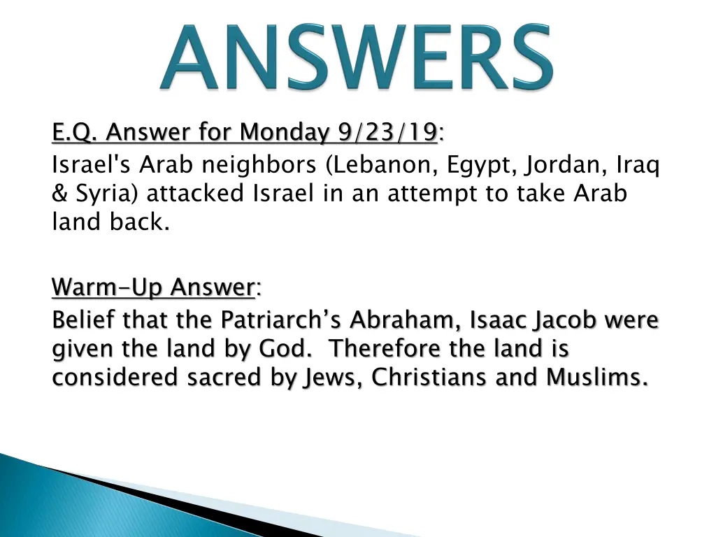 e q answer for monday 9 23 19 israel s arab